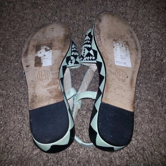 HOUSE OF HARLOW 1960-Braided Pattern Leather Wedge-Pale Green/Black-Sz 36-EUC - Picture 7 of 7